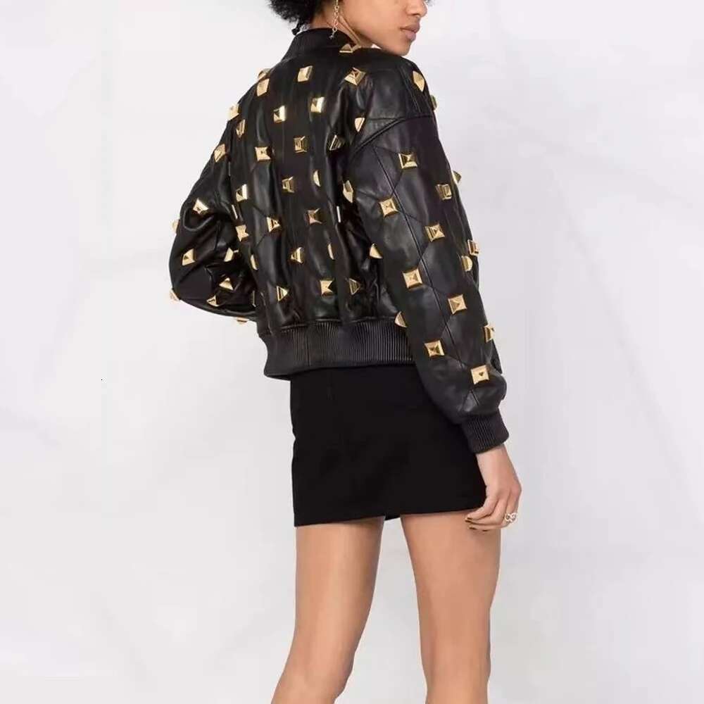 New Handsome Motorcycle Women Heavy Rivet Black Puleather High Street Outerdoor Jackets Plaid Coats