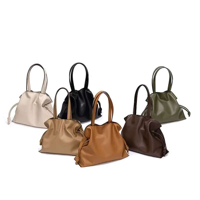 100% Genuine Leather Draw-String Women Large Handbag Simple Commute Casual Totes High Quality Pleated Shoulder Bag Green