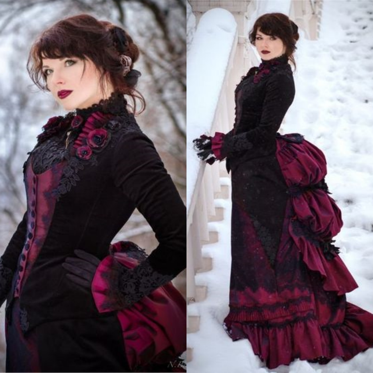 Vintage Victorian Bustle Wedding Dresses Black And Burgundy Gothic Bridal Gowns High Neck Long Sleeves Corset Ball Gown Medieval Costume