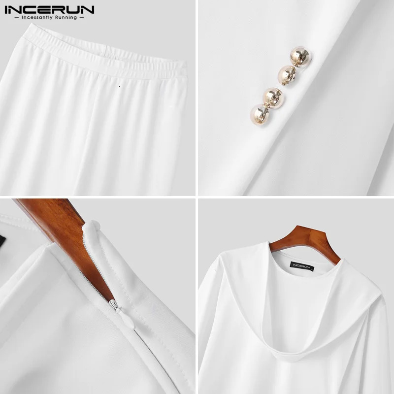 INCERUN Muslim Style Mens Long-sleeved T-shirts Trousers Suit Stylish Streetwear Male Knitted Suit 2 Pieces S-5XL 250320
