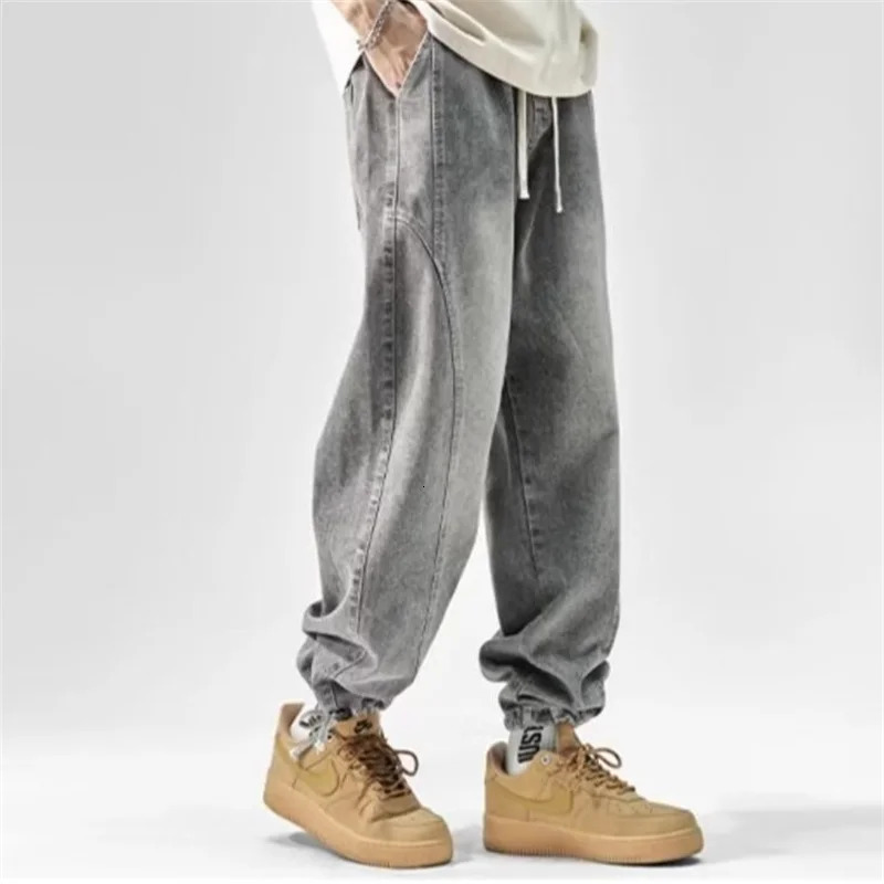 Autumn High Street Straight Wide-Leg Jeans For Men Hip Hop Fashion Drawstring Baggy Denim Pants Y2K Vintage Casual Blue Jean 250320