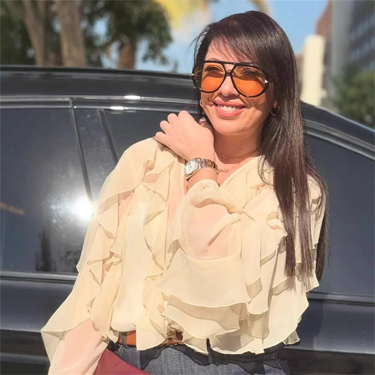 2025 Spring Burgundy Layer Ruffles Shirts For Woman Casual V Neck Full Sleeve Loose Blouse Female High Street Office Outfits 250320