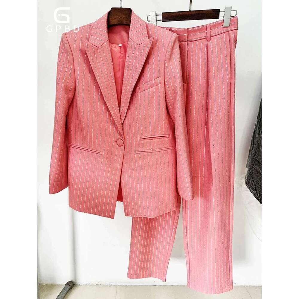 Fashion Autumn Pant Suit Women Hot Drill Striped Female Runway Work Wear Jacket Blazer And Trouser Formal 2 Piece Set