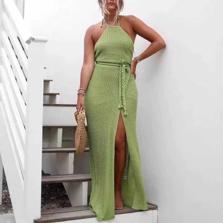 Hanging neck strap backless dress beach vacation bikini dress with rope at hand long skirt vacation dress 250315