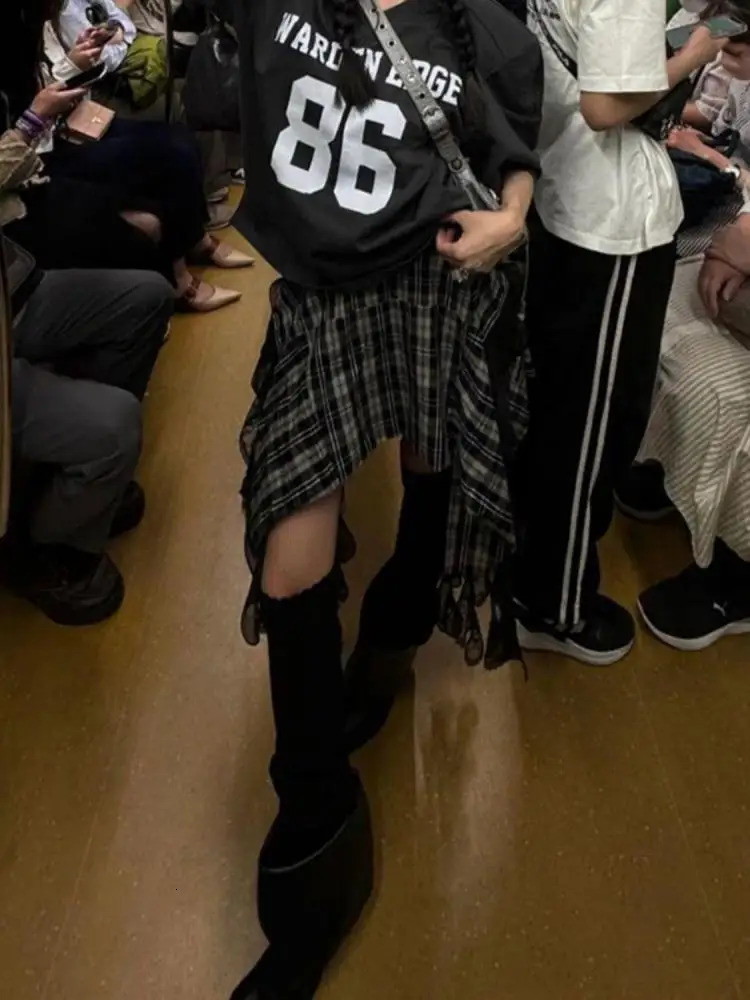 Tawaaiw Streetwear Plaid Skirt Women Korean Fashion Irregular Gothic Clothing A-line High Waist Skirts For Woman Y2k Bottom 250320