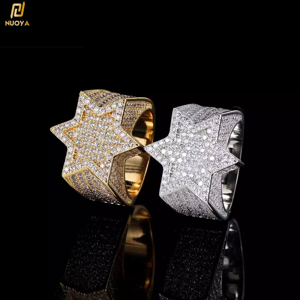 Hip Hop All Ice Ring Jewelry Womens Hexagonal Star Shaped Brass Cubic Zirconia Micro Paved CZ Stone Mens Ring