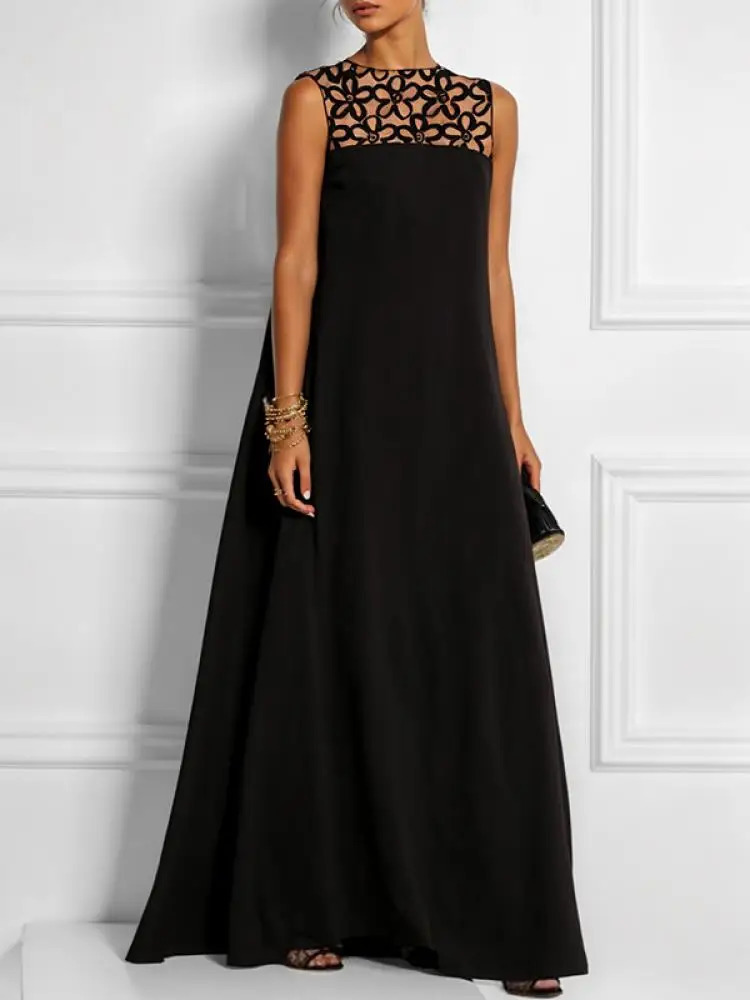 Yeezzi Womens Hollow Solid Color Round Neck Evening Dress Summer Dress Loose V-Back Casual Black Dress 250320