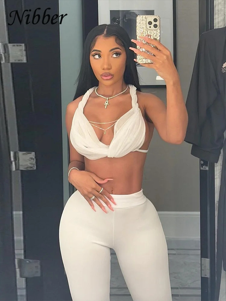 Nibber Sexy See Through Women 2 Piece Set Summer Trend Mesh Thin Whip Halter Tank TopsWide Waist Shorts Matching Street Outfits 250320