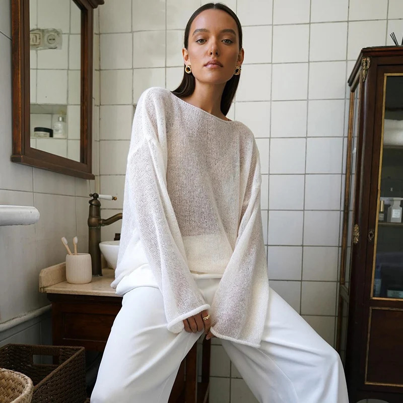 MSCSZ Red Long Sleeve Oversized Sweater Women Transparent Knitted Sweater 2025 Spring Autumn Cozy Sweaters Pullover Tops 250319