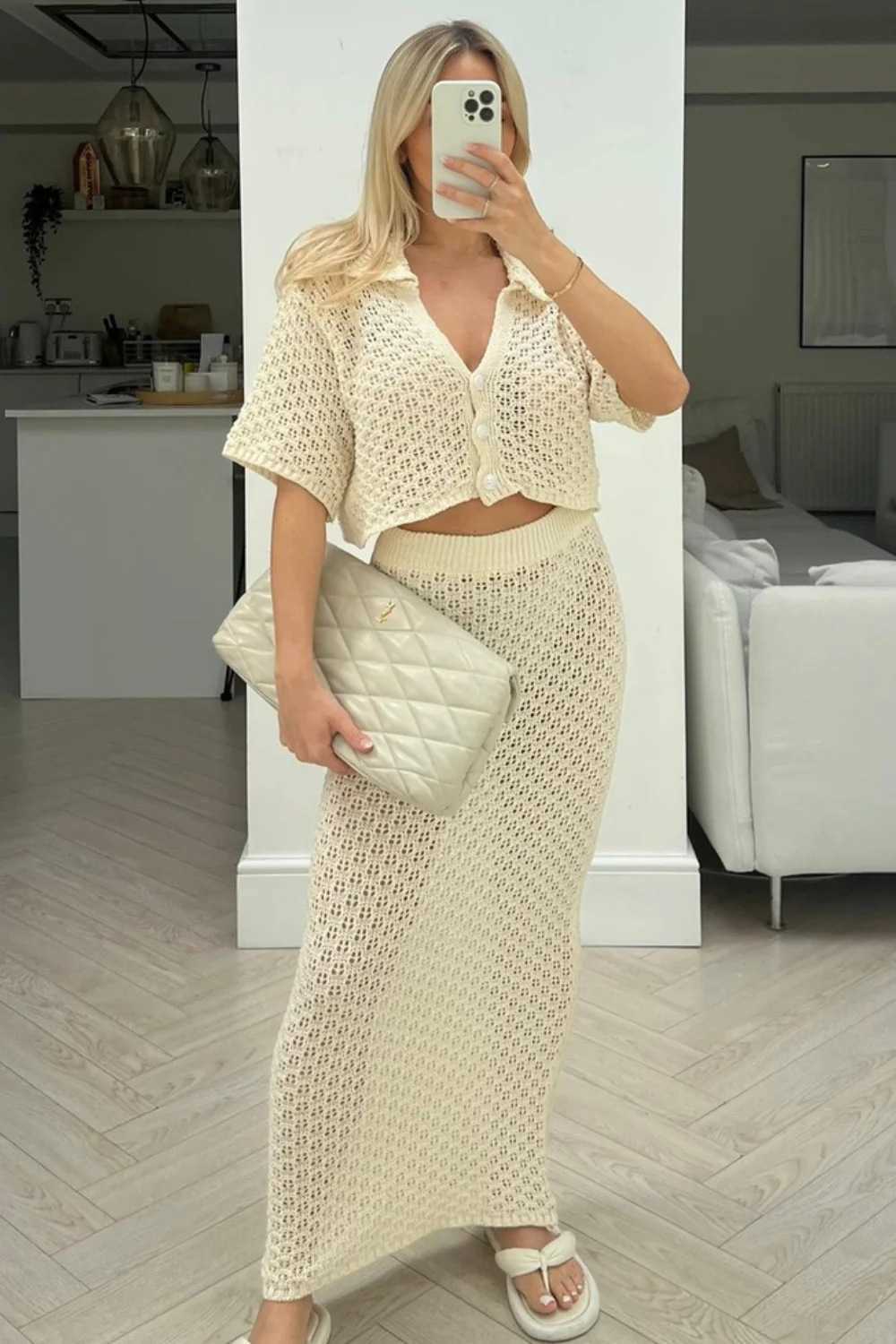 Hollow out short sleeved knitted two-piece cardigan button up skirt versatile top beach sexy suit 250315