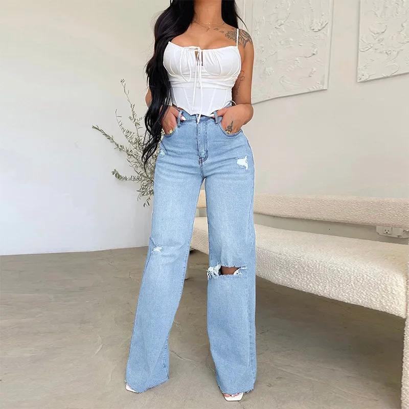 Mandylandy womens jeans long waist torn worn comfortable wide legs denim pants washed holes streetwear denim Trousers 250314