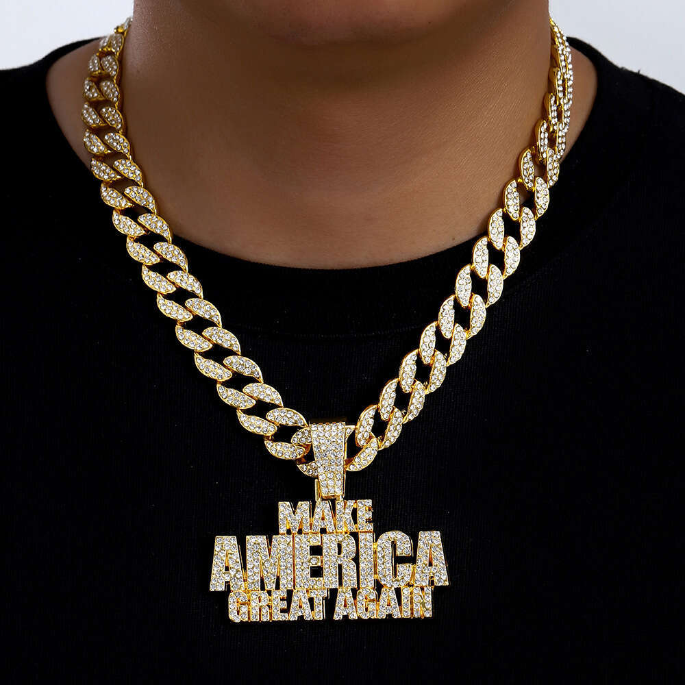 Men's Hip Hop Jewelry Full Dia Letter Splicing Pendant Necklace Cool Punk Cuban Chain Accessories