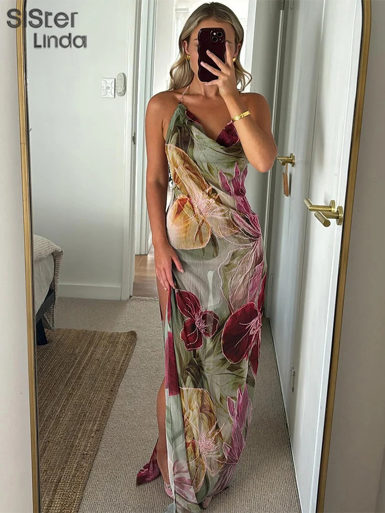 Sisterlinda Autumn Release Junior Ankle-Length Sexy High Street Dress K24D57158Girl Printing Slim Cleavage Backless Fashion Robe 250320