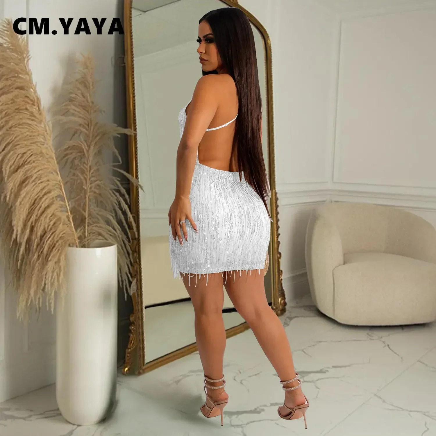 CM YAYA Womens sequin pendant Vneck body Midi mini sleeveless dress INS evening sexy party Vestitos 250320
