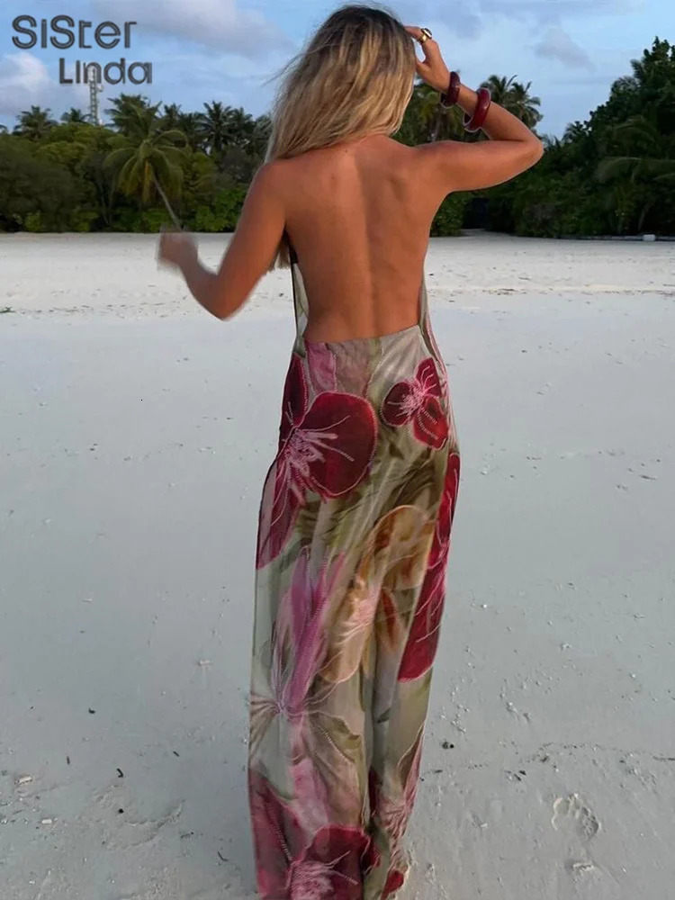 Sisterlinda Autumn Release Junior Ankle-Length Sexy High Street Dress K24D57158Girl Printing Slim Cleavage Backless Fashion Robe 250320