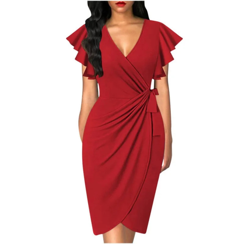 Sexy summer dress cocktail artificial packaging deep Vneck ruffled sleeves party work women formal wedding 250320