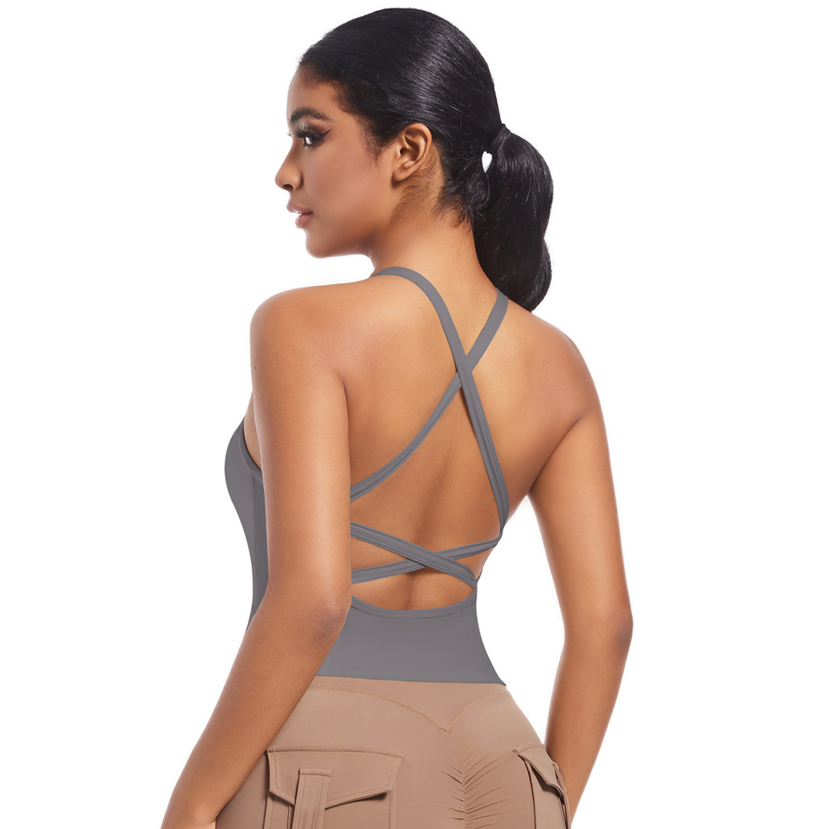 New double-sided nylon solid color back cross sports bra, running fitness yoga suit, vest top for women