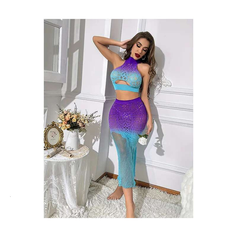 higher quality Gradient Color Hollow Out Sleeveless Package Hip Fishtail Dress Two Piece Jacquard ral Patterned Buttock Upper and Lower Suit Dresses