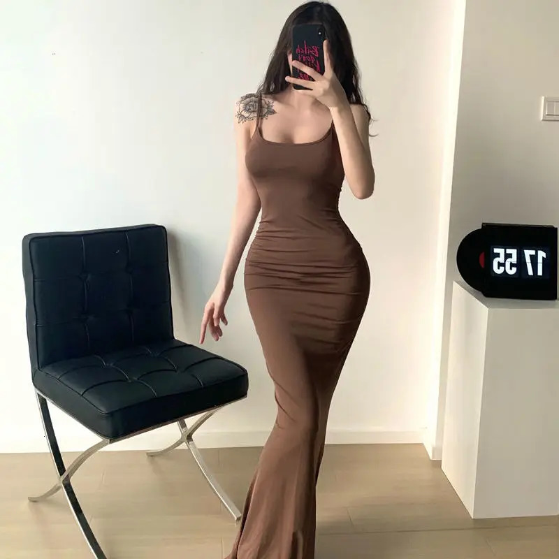 Pure Desire Sexy Peach Hip Skirt Slimming and Strap Dress Long 250320