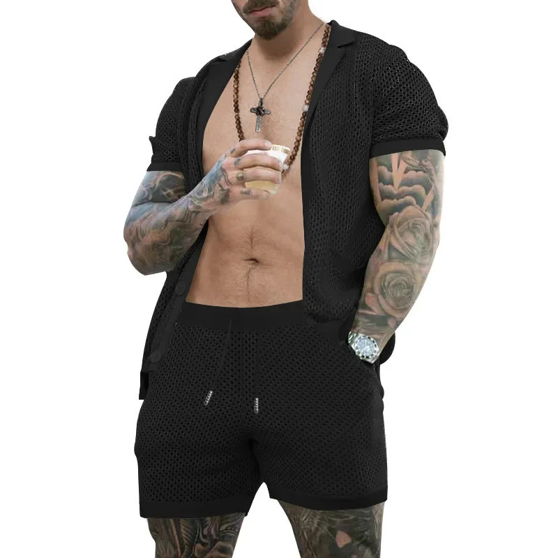 -selling hollowed out perspective cool casual thin mens short sleeved shorts set 250314