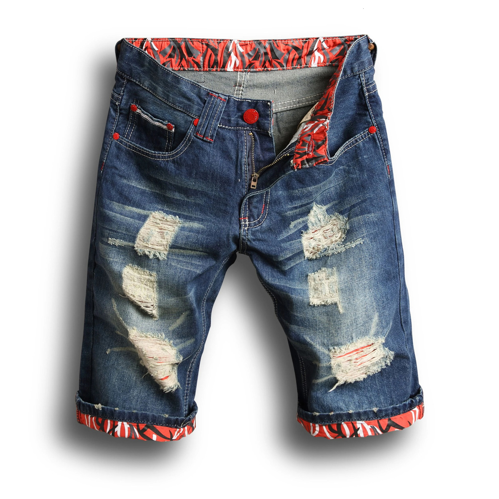Fashionable mens five piece jeans no elastic holes loose patches fashionable jacket shorts 250312