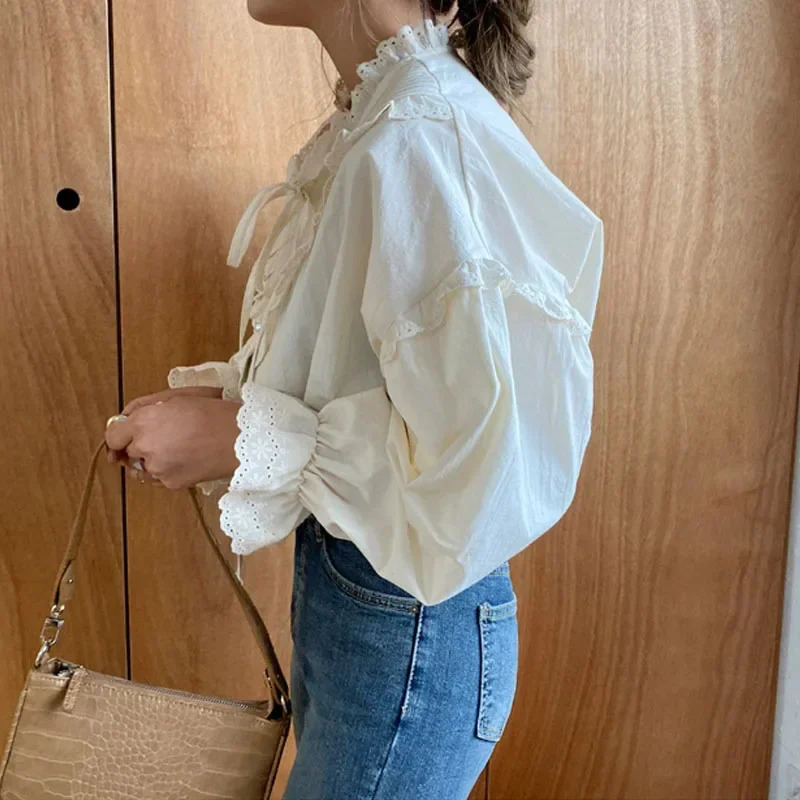 Spring Summer Vintage Fashion Long Sleeve Women Lace Blouse Elegant Hollow Out Solid Lace Up Bow Loose Blouses 9580 250320