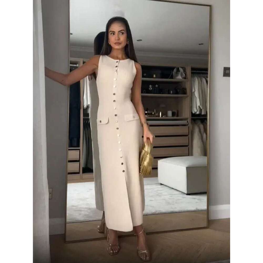 Women Elegant Solid Knitted Single Breasted O Neck Sleeveless Dresses With Pockets Slim Midi Dress Office Lady