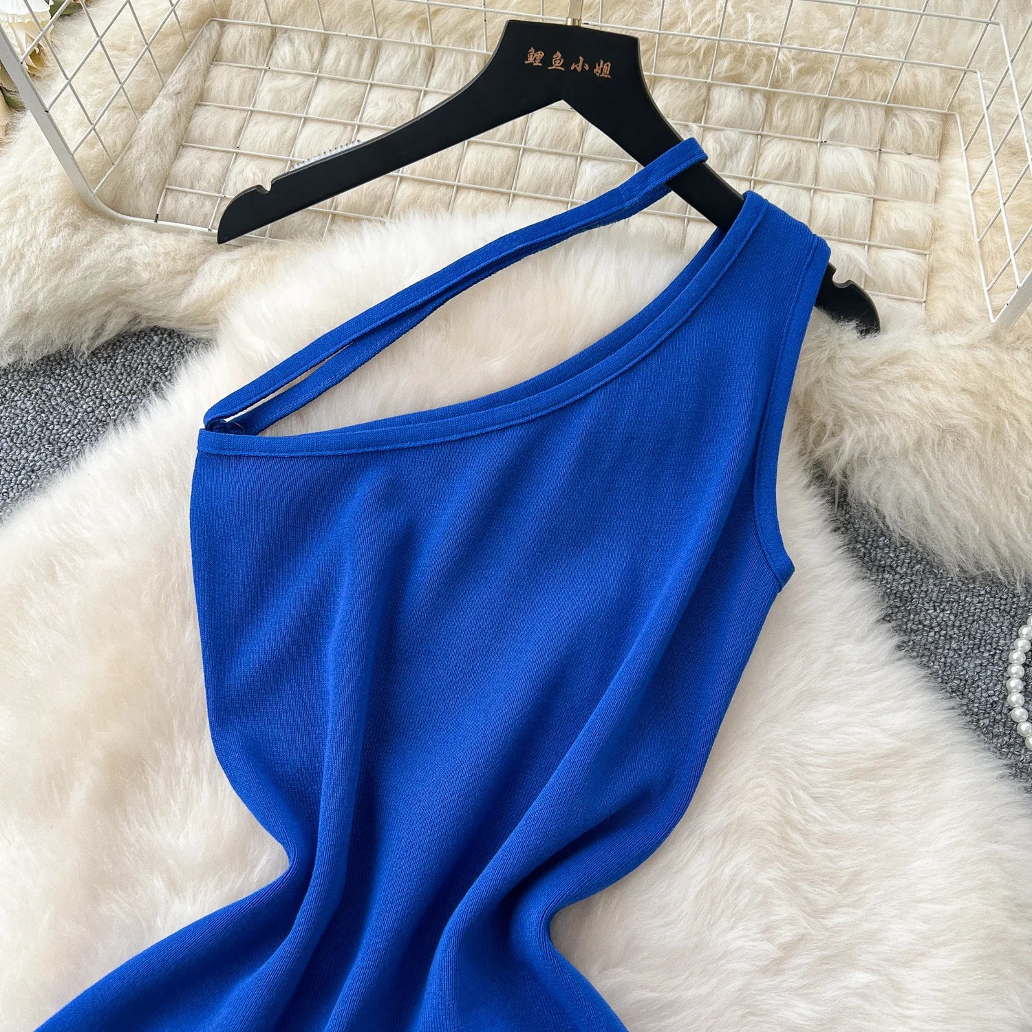 Sexy one shoulder sleeveless knitted long dress for women ultrathin elastic rib tight fitting streetwear vest 250320