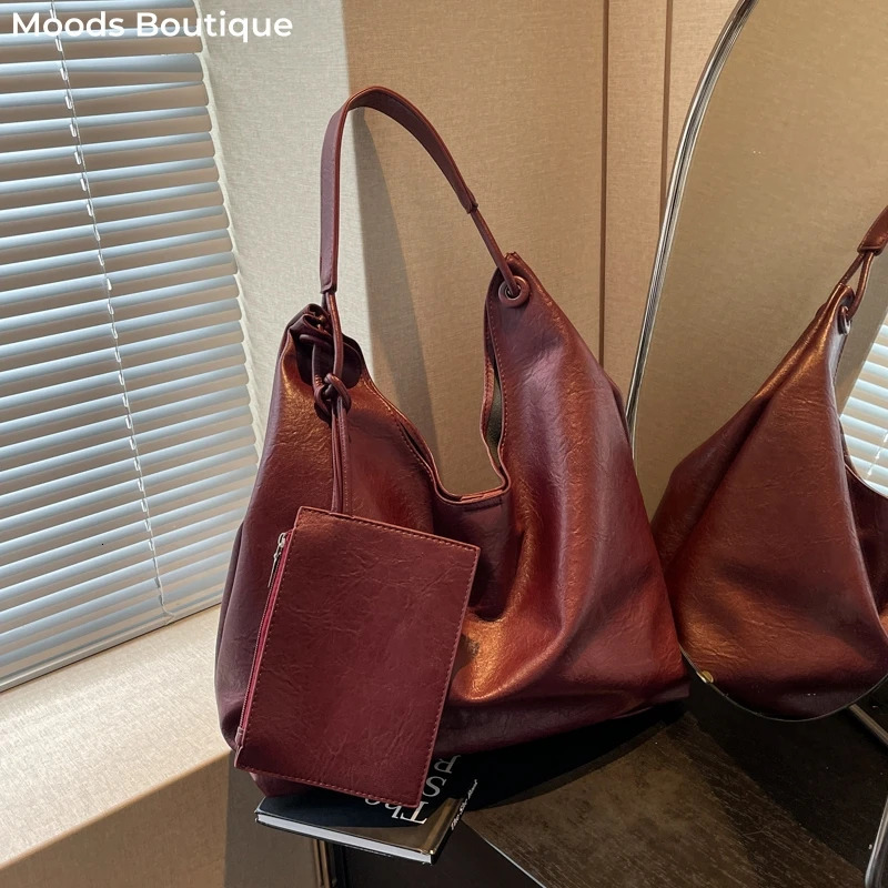 Burgundy 2in1 Womens Shoulder Bag Soft PU Leather Solid Color Large Capacity Shopping Stray with Coin Wallet 250320