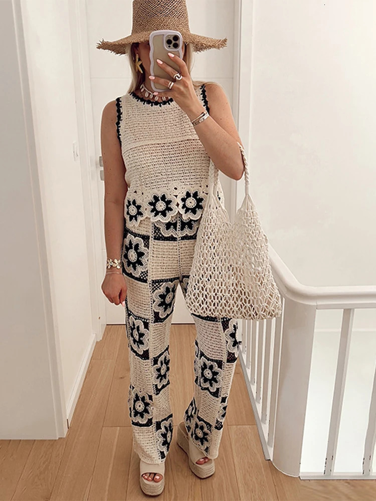 Crochet flower knitted hollow vest pants set sleeveless top perspective high waist straight leg pants summer womens clothing 250320