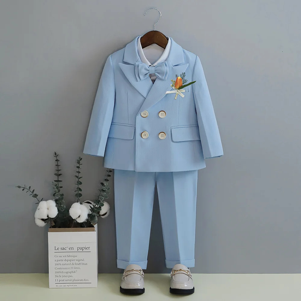 Child Fomal Dress Suit Set British Style Baby Boys Wedding Birthday Party Performance Costume Kids Blazer Pants Bowtie Clothes 250320