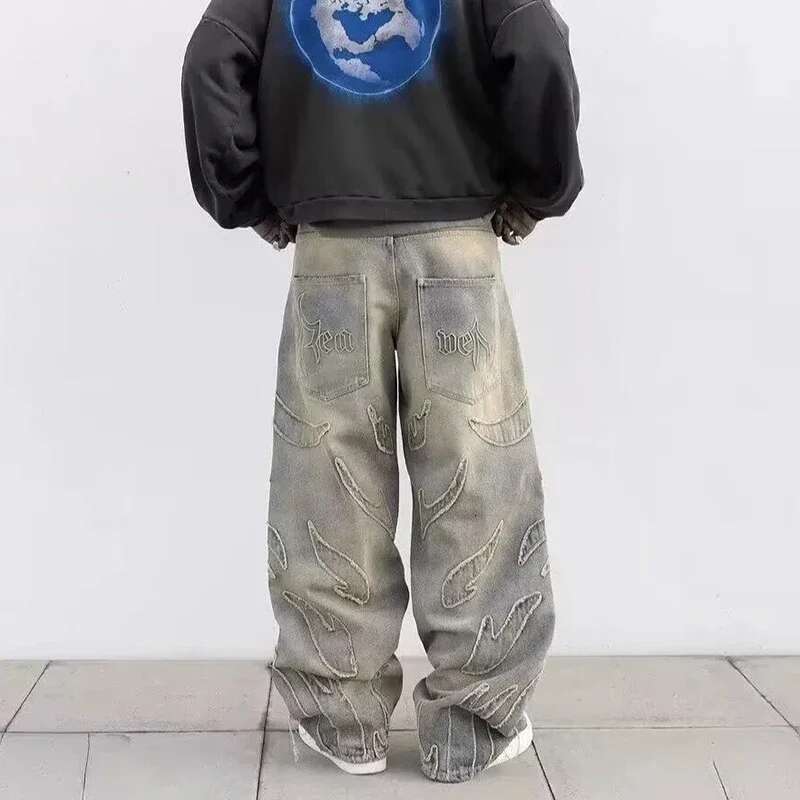 Designer Jeans Men's Loose Casual Aesthetic Street Wear Jeans Men's Retro Fashion Wide Leg Pants Pattern Embroidery Designer Hip-hop Men