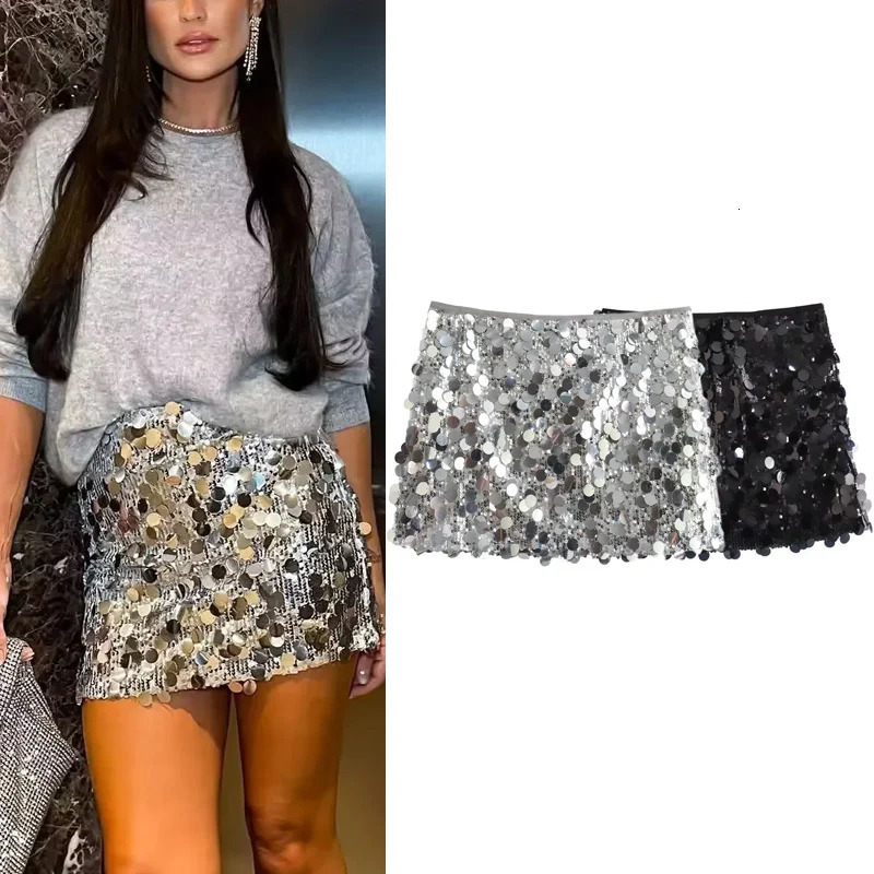 TRAF Short Skirts Women Spring Summer Autumn Sexy Elegant Party Mini Skirt Ladies Fashion Casual Sequined Skirt For Female 250320