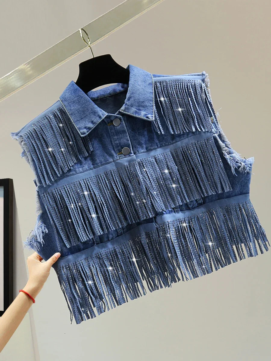 Chic Diamonds Tassels Sleeveless Denim Coat Summer Slim High Waisted Fringed Jeans Jacket Solid Color Casual Vest Crop Tops 250320