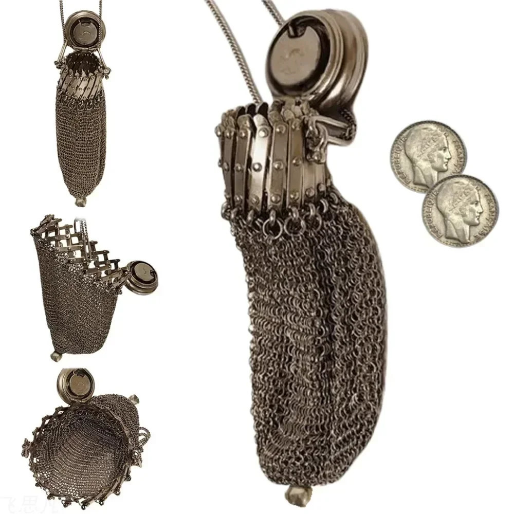 Metal Coin Collection Bag Handmade 1920s English Coin Purse Chain Nail Vintage Shrink Coin Purse Double Mesh Bag R250321