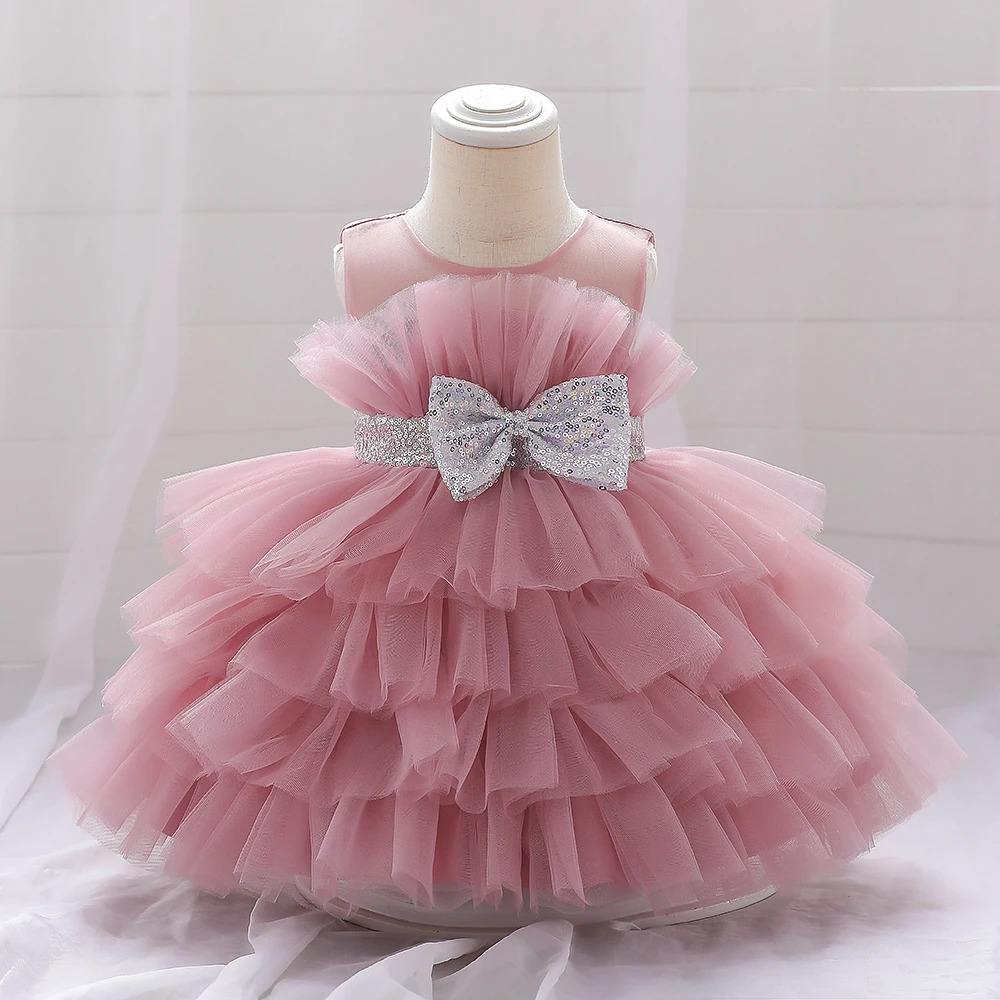 Baby Summer Dress 1 Year Puffy Pink Kids Bow Christening Princess Brithday Vestidos Toddler Children Baptism Baby Girl Clothes 250320
