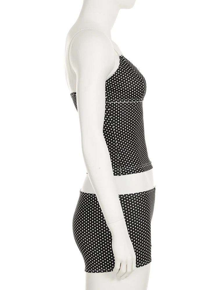 IAMSURE Holiday Bow Dot Print Shorts Sets Women Sexy Slim 2 Piece Sets Slash Neck Sleeveless Camis Tops Low-Waist Shorts 250320