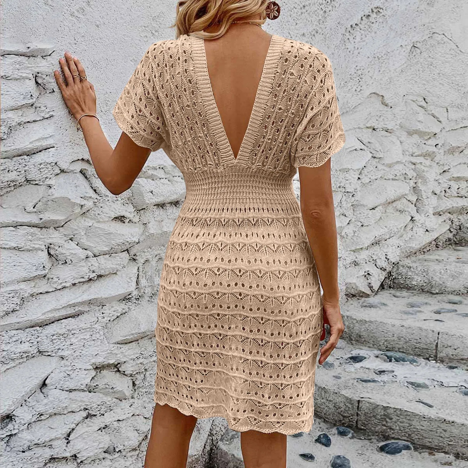 Womens Bohemian Summer Dress Deep V-neck Short sleeved Beach Dress Hollow Knitted Sun Skirt Swimsuit Cover Dress 250317
