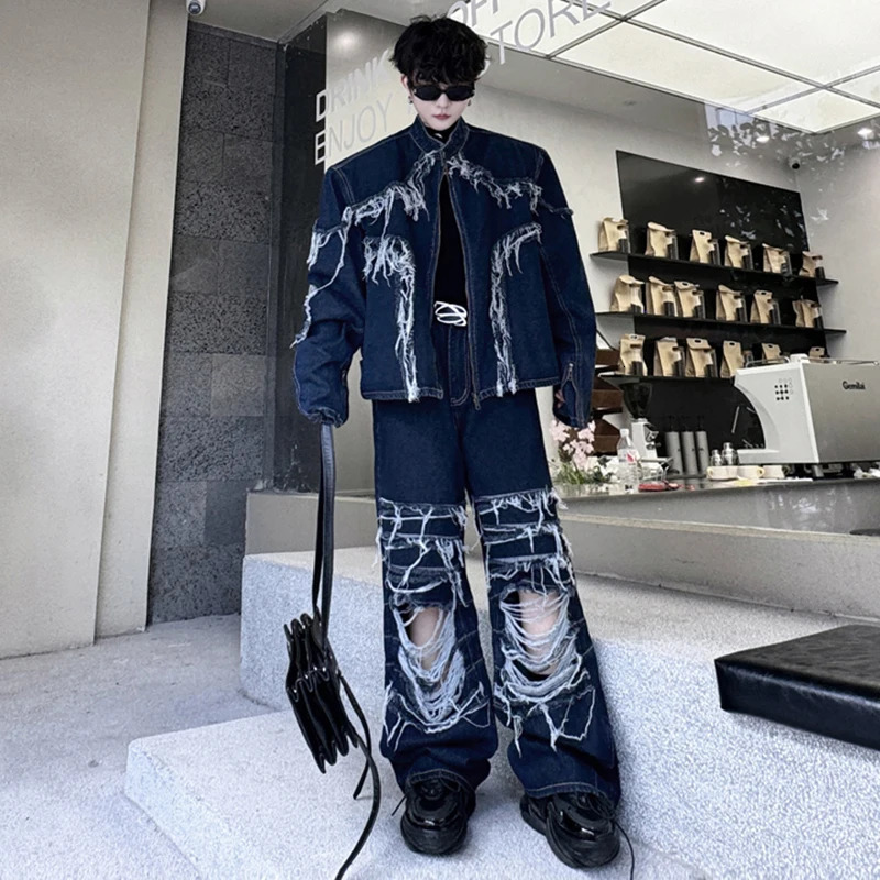 LUZHEN denim jacket with tassel and burr hollow pocket straight jeans two-piece set fashionable street mens wear LZ4935 250318