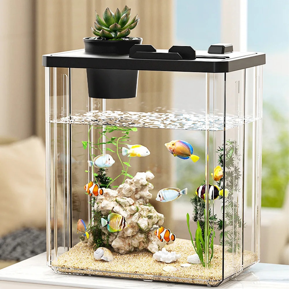 Aquarium Starter Kit Mini Desktop Rectangular Fish Tank with Pump LED Light Simulating 250318