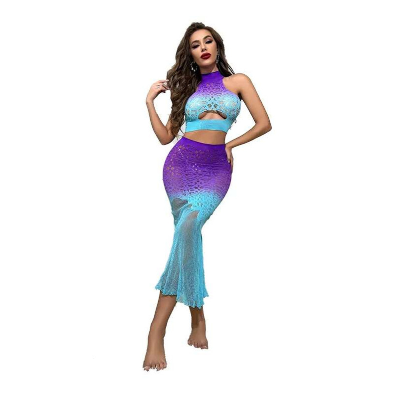 higher quality Gradient Color Hollow Out Sleeveless Package Hip Fishtail Dress Two Piece Jacquard ral Patterned Buttock Upper and Lower Suit Dresses