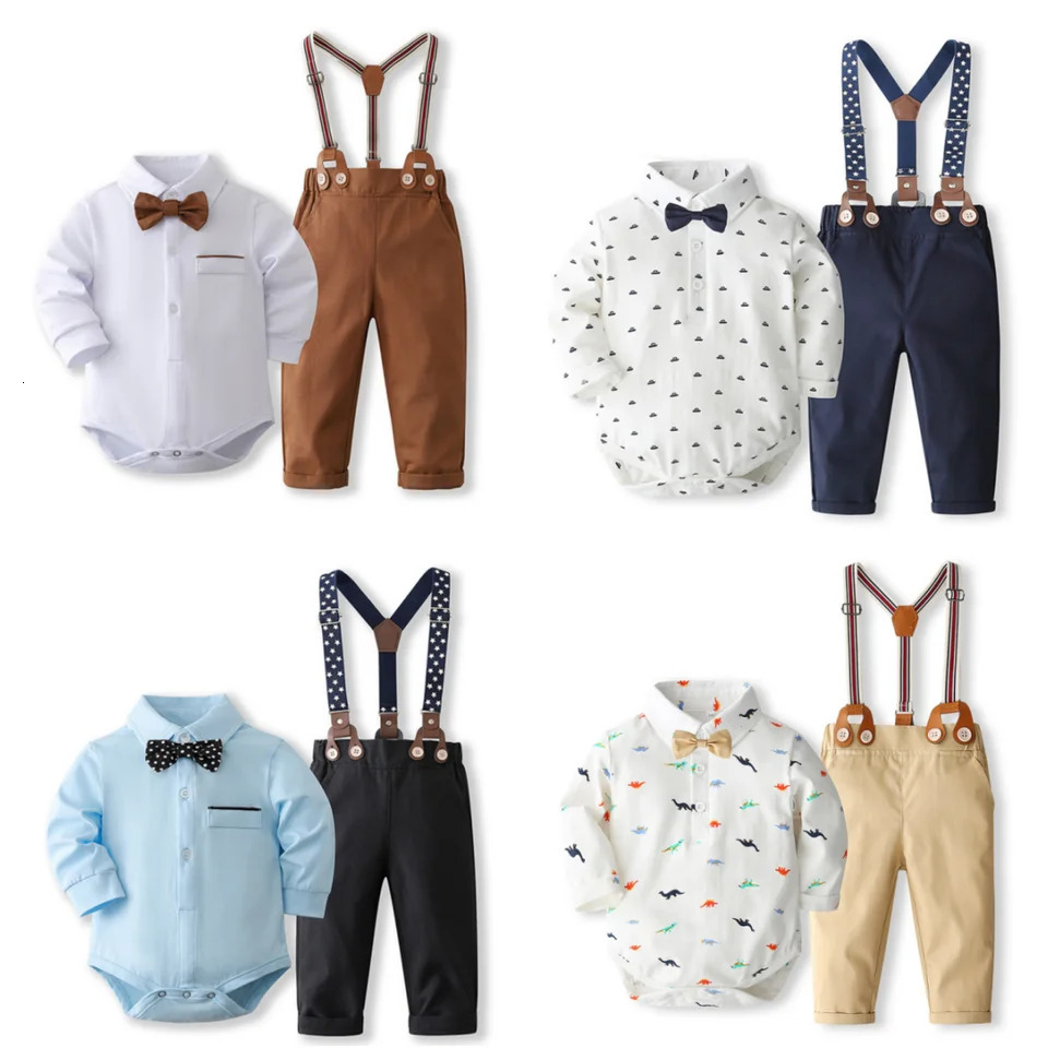 Formal Gentleman Clothng Set for Baby Infant Solid Romper Suit Boy First Birthday Costume 0-24 Month Toddler Cotton Kids Outfit 250320