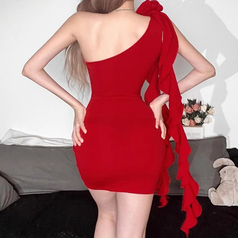 Oblique Shoulder Sleeveless Dress Womens Ruffle Ribbon Ultra Thin Asymmetric Backless Party Club Sexy 250320