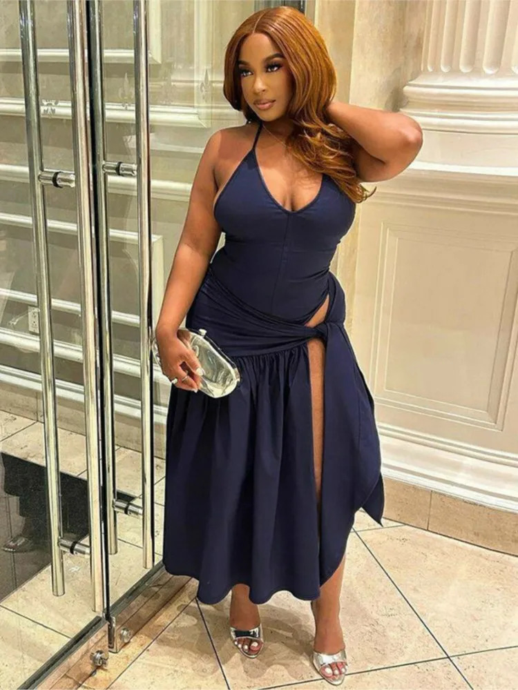 2 Piece Set Female V-Neck Jumpsuit Outfits Sexy skirt Sets Lace-Up Pleated High Waist For Women White Bandage two piece 250320
