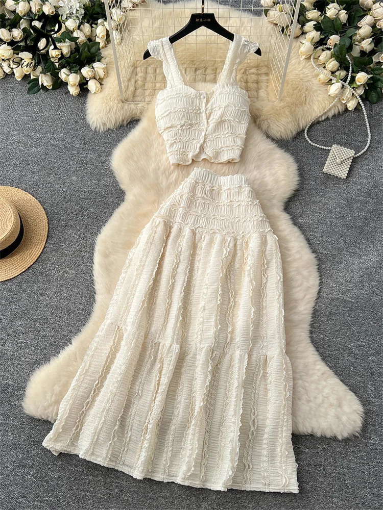 SINGREINY Casual Beach Style 2pcs Suits Single Breasted Mini CamisoleElastic Waist A Line Fold Slim Skirt Gentle Women Sets 250320