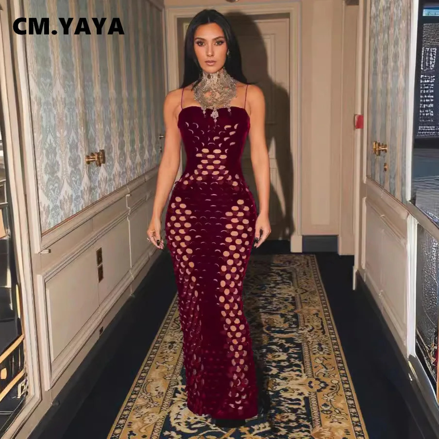 CMYAYA Women Sleeveless Strap Velvet hollow out Long Maxi Dress Summer Evening Sexy Night Club Birthday Party Dresses 250320