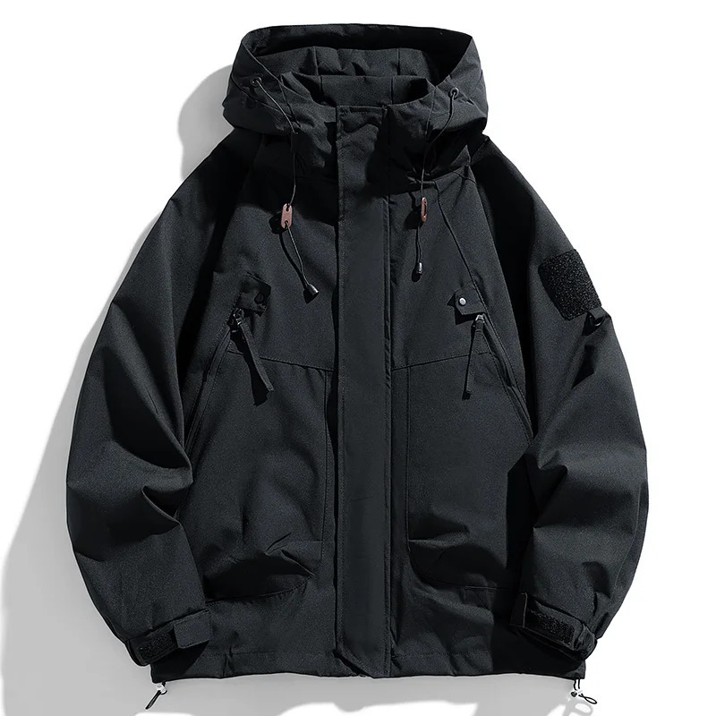 Windproof Mens Hooded Jacket Zipper Jacket Cargo Waterproof Black Bomber Camping Loose Soft Shell Hooded Hiking Jacket 250320