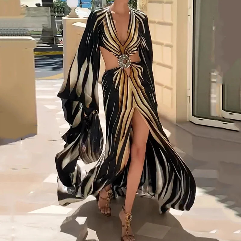 Wefads Maxi Dress Womens Clothing Printed Long Batwing Sleeve V Neck Backless Hollow Out Slit Vacation Dresses 250320 Z250623