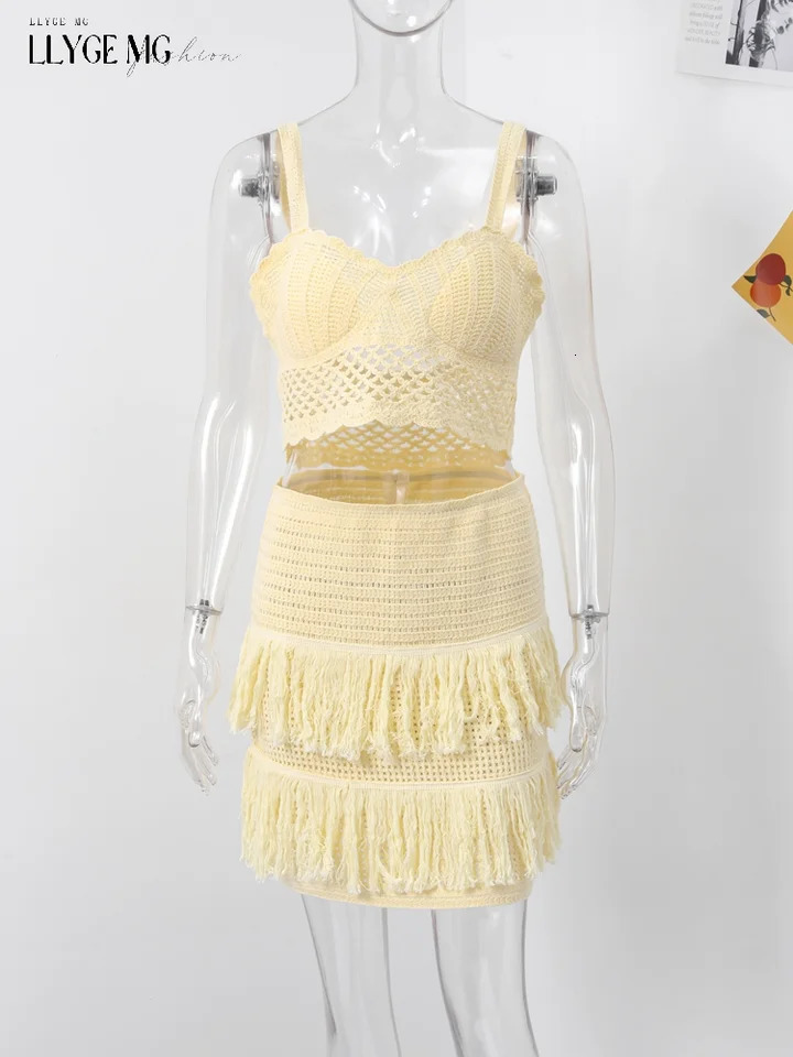 Knitted Tassels Mini Skirt Set Women Spaghetti Strap Crop Top Above Knee Skirts Sets Summer Solid Suit Lady Beach Party Holiday 250320