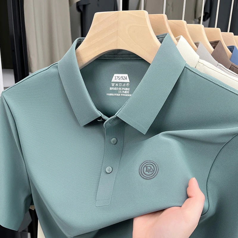 High end short sleeve polo shirt mens 2025 summer trend letter embossed top silk comfortable breathable lapel T-shirt 250321